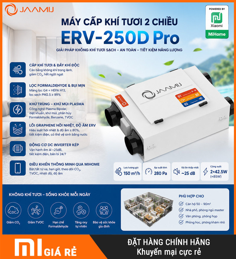 Máy Cấp Khí Tươi 2 Chiều JaamiJ ERV-250D Pro